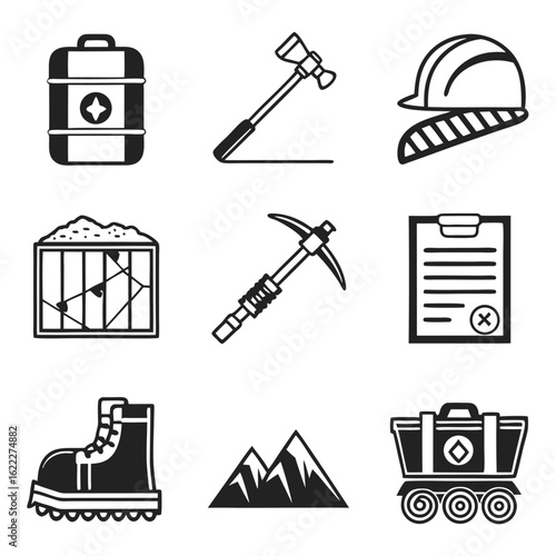 Icon Set Vector with Mining Tool Elements Black and White Industrial Icon Collection