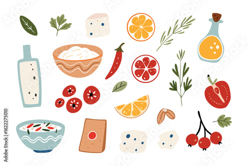 Flavorful Ingredients: An array of culinary ingredients, from vibrant citrus slices to fresh herbs and creamy dairy products, arranged in a photorealistic still life.