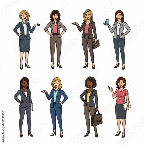 Diverse businesswomen in suits, professional poses, office attire