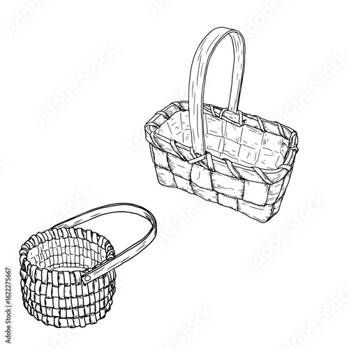 A wicker basket made of vines with a handle, a set of black and white silhouettes. Vector illustration. Sketches a basket for picking mushrooms and autumn harvest is isolated on a white background. 
