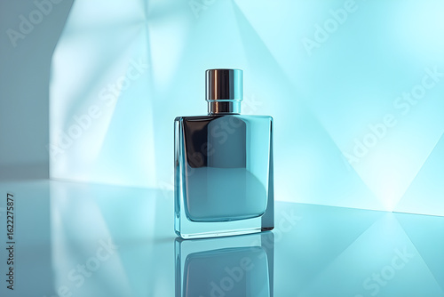 A metallic silver perfume bottle with cool chrome and cyan reflections in a glowing, geometric white-blue sci-fi studio setting.