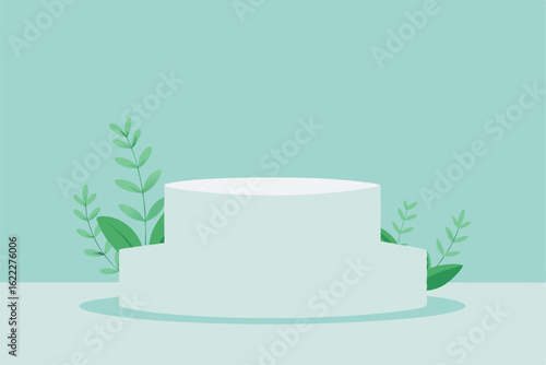 white marble podium on a soft sage green backdrop .eps