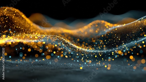 Abstract digital artwork showcasing flowing wave-like patterns of glowing particles against a dark backdrop.