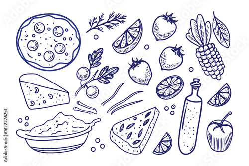 Culinary Palette: A charming ink illustration showcases an assortment of fresh, natural ingredients artfully arranged to evoke the essence of culinary creativity.