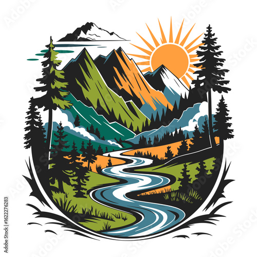 Mountain landscape with river, trees, and sun. Nature and outdoor adventure concept. Vector illustration for t-shirt design, poster, sticker, badge.