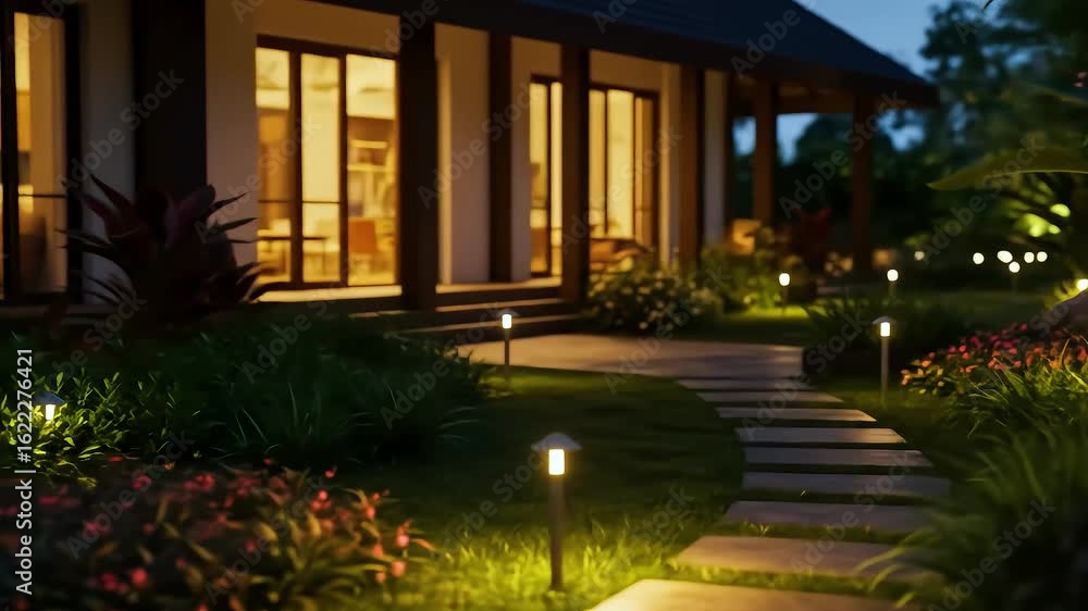 Illuminated house at dusk with pathway lights Illuminated house at dusk with pathway lights