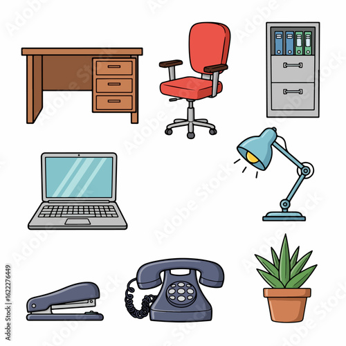 Office Supplies and Furniture Set for Workspace Arrangement