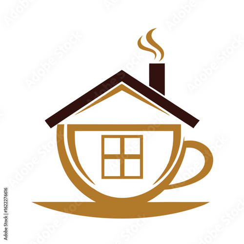 Brown and gold coffee cup house logo with smoke and window home building