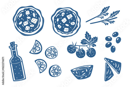 Mediterranean Food Illustration: An artistic illustration of a delightful array of Mediterranean food, perfect for culinary enthusiasts and food lovers.