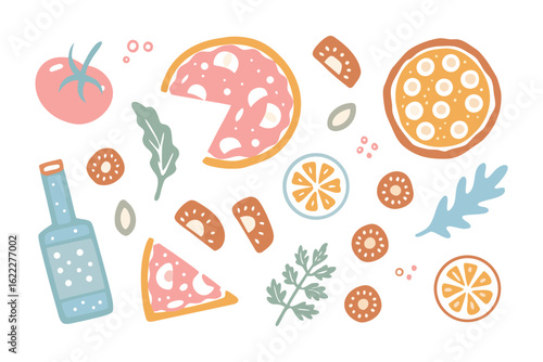 Pizza Ingredients Composition: A playful arrangement of pizza elements, including a whole pizza, sliced pieces, and fresh ingredients, creating a delightful illustration