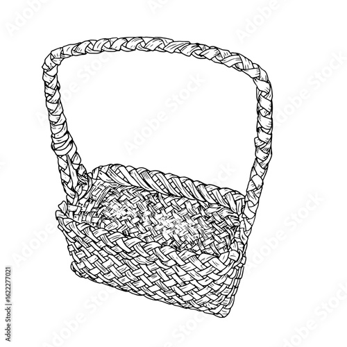 Wicker basket made of vines with a handle, black and white sketch. Vector illustration. The classic basket for picking mushrooms and autumn harvest is isolated on white background. For books, postcard