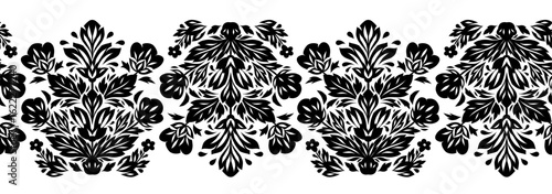 Vector seamless borders with black silhouette of flowers. Rich frieze with stylized flowers. Monochrome floral horizontal border