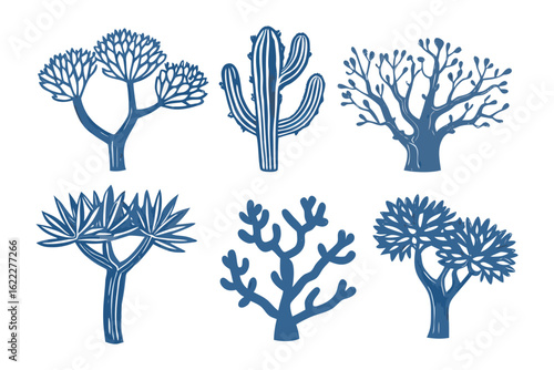 Botanical Ensemble: A curated selection of meticulously drawn, stylized cacti and trees, each a testament to nature's intricate designs, offering a glimpse into the serene beauty of botanical wonders.