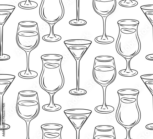 Vector seamless pattern with contour glass cups and wine glasses with drinks. Texture with sketch cups with alcohol and juice on white background.