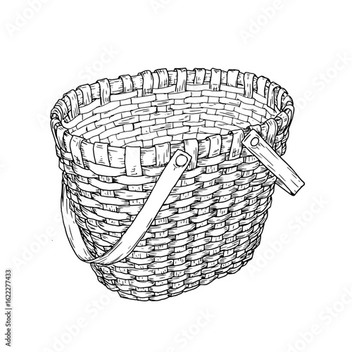 Wicker basket made of vines with a handle, black and white sketch. Vector illustration. The classic basket for picking mushrooms and autumn harvest is isolated on white background. For books, postcard
