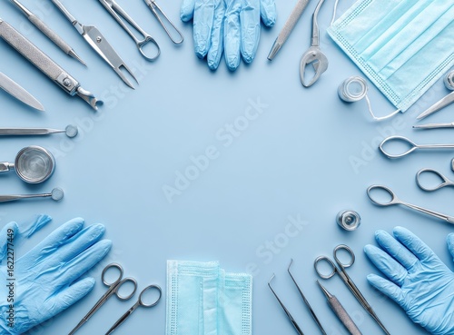 Medical tools and supplies arranged in a circle on a light blue background, creating a blank space in the center
