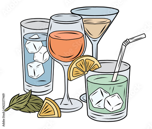 Colorful outline drawing of glasses with alcohol, juice, mint and lemon. Contour color illustration of cups and wineglass with drinks