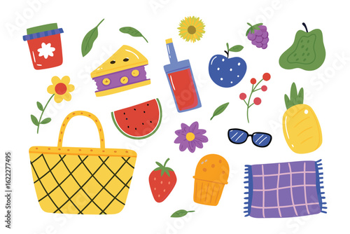 Picnic Items: A colorful array of hand-drawn picnic elements on a white background, offering a whimsical touch perfect for creative projects.