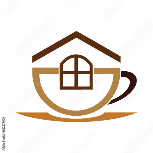 Brown and tan house shaped coffee cup logo with arched window on white background home