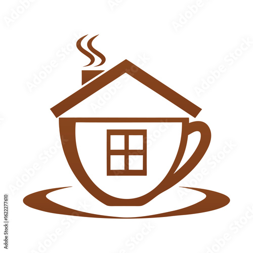 Brown coffee cup house logo with smoke and window on white background home