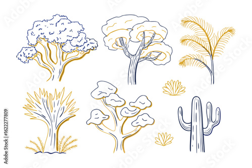 Arboreal Diversity: A collection of hand-drawn illustrations, showcasing the diverse forms of trees with artistic finesse, creating a harmonious blend of nature and creativity.