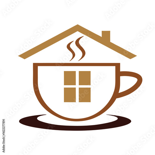 Brown coffee cup with house roof and steam graphic home