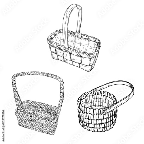 A wicker basket made of vines with a handle, a set of black and white silhouettes. Vector illustration. Sketches a basket for picking mushrooms and autumn harvest is isolated on a white background. 