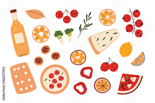 Delicious food collection: A vibrant assortment of fresh, mouth-watering food items, meticulously arranged in a colorful flat lay.