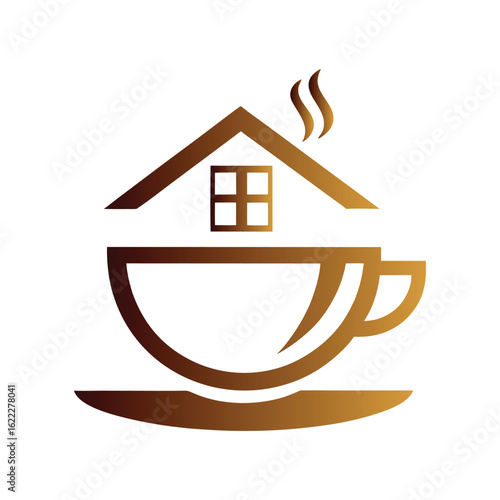 Brown coffee cup with house roof and window logo design with steam home