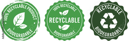 100% Recyclable and Biodegradable Product Stamps on White Background