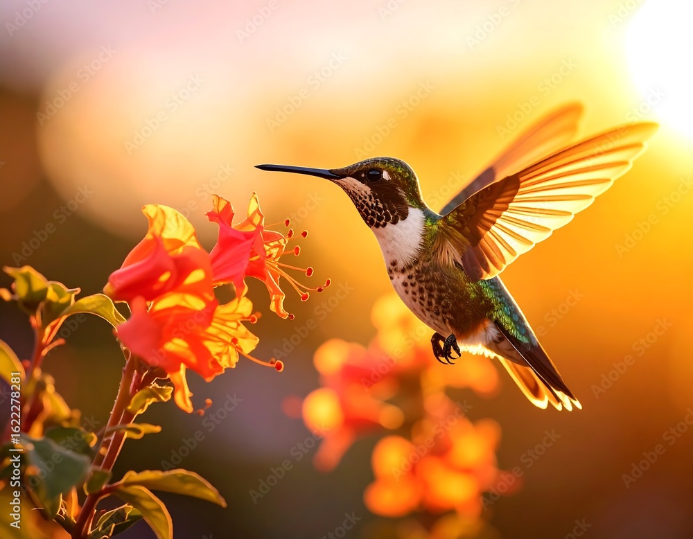 Fototapeta premium Hummingbird in flight near orange flowers at sunset