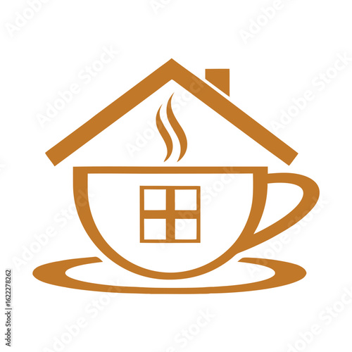 Brown house shaped coffee cup with steam and window logo home building