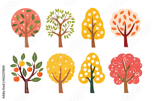 Stylized Autumn Tree Collection: A vibrant collection of stylized trees showcasing a range of autumnal foliage, each with unique shapes and colors.
