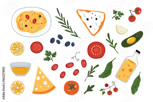 Culinary ingredients composition: A vibrant collection of fresh, high-quality ingredients, carefully arranged to inspire the creation of delicious, wholesome dishes.