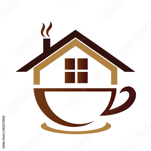 House shaped coffee cup with steam and window logo design home building