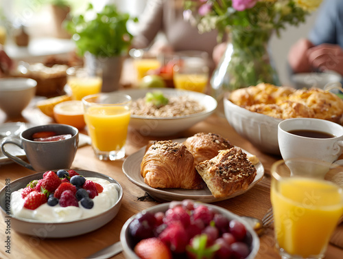 Wallpaper Mural An abundant breakfast spread featuring pastries fruits yogurt juice and coffee on a wooden table top Torontodigital.ca