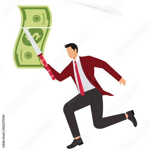 Young Man Cutting Down on Costs with Sword