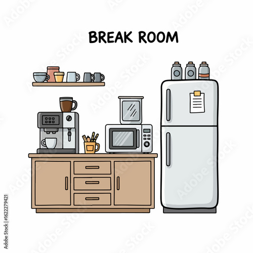 Break room with coffee machine, fridge, and microwave