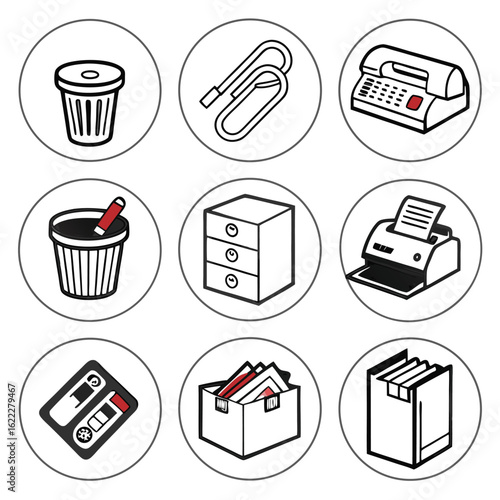 Icon Set Vector Illustration of Office Objects featuring Outline Style and Minimalist Elements