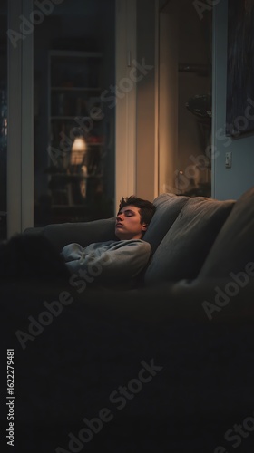 Person sleeping soundly on a couch in a dimly lit room.