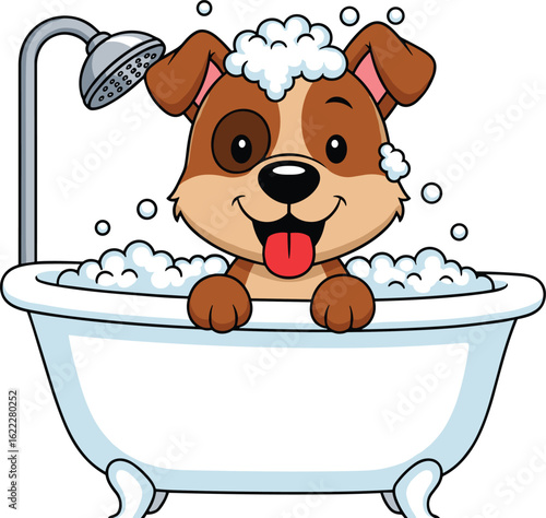 Adorable cartoon puppy taking bath, bubbly bathtub scene, cute pet washing, fun grooming moment, soap bubbles, happy dog, playful hygiene concept