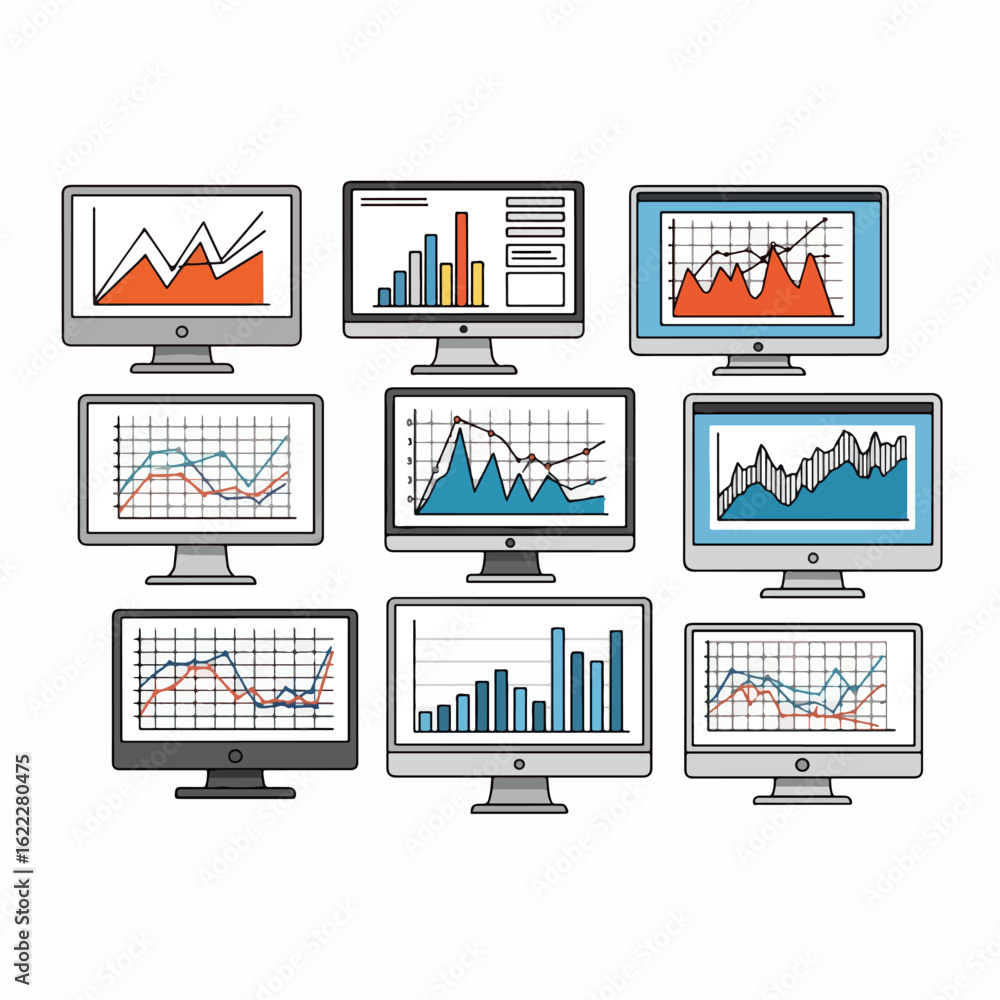 Fototapeta premium Monitors displaying charts and graphs for data analysis