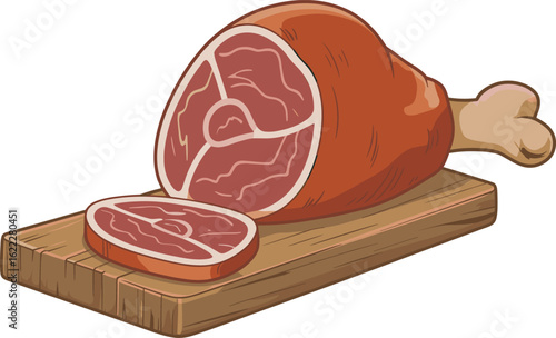 Bone-in ham illustration, sliced meat on wooden board, food presentation, gourmet cooking, restaurant menu, culinary art, kitchen decor