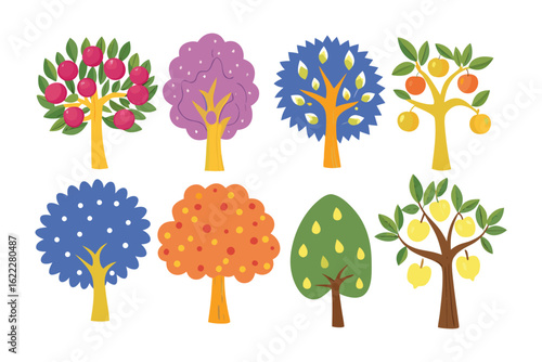 Colorful Tree Variety: A vibrant collection of illustrated trees showcases a kaleidoscope of colors and fruit types, each unique in shape and hue, against a backdrop of vibrant design.