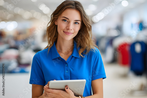 Portrait of a smiling woman in a blue polo shirt holding a tablet in a retail store setting indoors