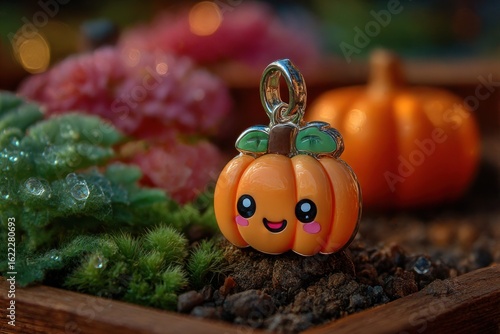 Cute pumpkin charm in garden setting