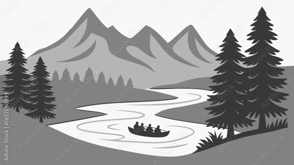 Fototapeta premium Rafting Adventure Silhouette on Mountain River Scene