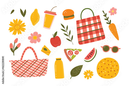 Picnic Delights: A delightful collection of picnic elements, arranged in a whimsical fashion. Showcasing the joy of outdoor dining, this illustration embodies the essence of leisure and relaxation.