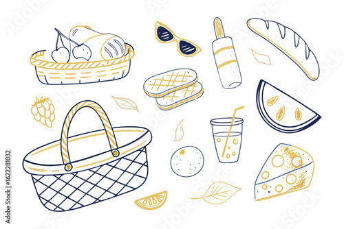 Picnic Delights: An artistic illustration that embodies the essence of a relaxed outdoor meal with carefully curated objects that create a cheerful mood.
