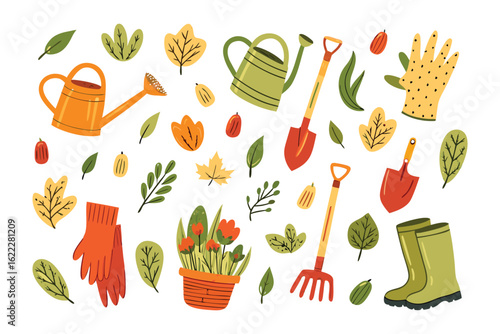 Gardening Tools and Flora: An assortment of vibrant gardening essentials, meticulously arranged amidst a collection of botanical elements.